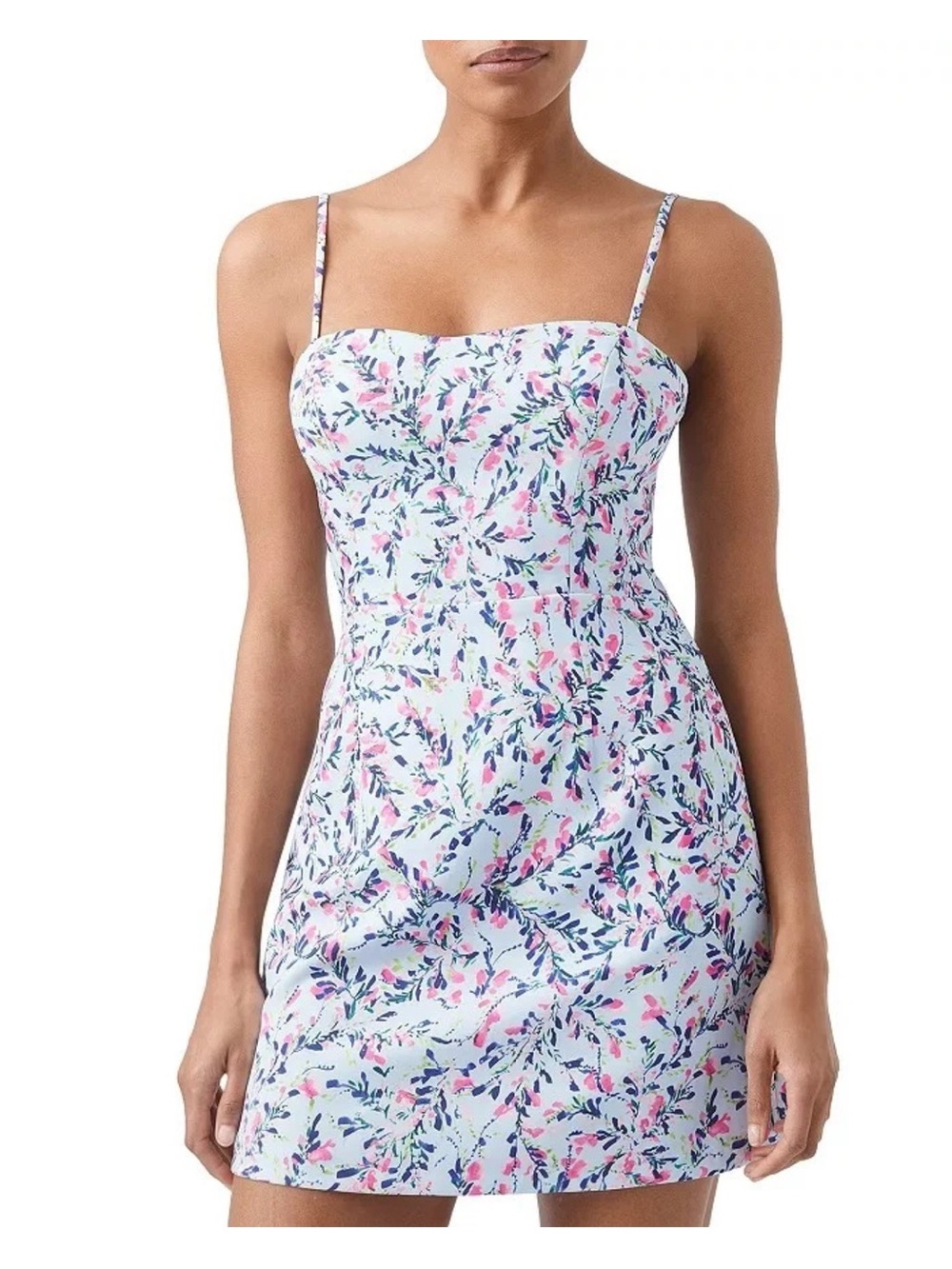 French Connection White Floral Spaghetti Strap Dress with Pink & Blue Accents